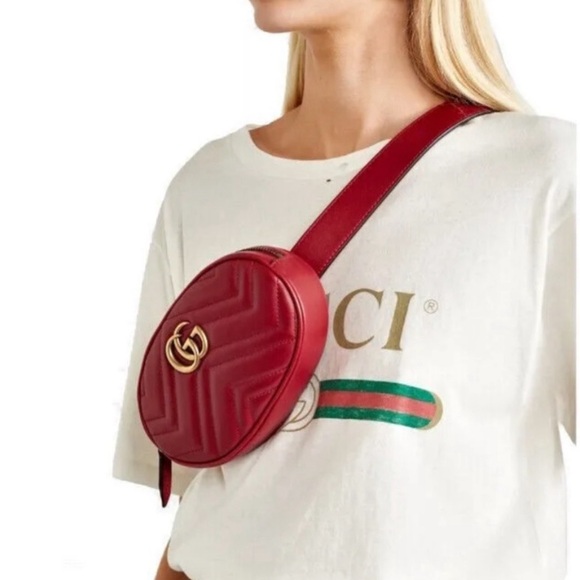 GUCCI Calfskin Matelasse GG Marmont Belt Bag sz 85/34. Vintage, Red. Fanny pack. - Picture 2 of 11